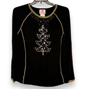 Quacker Factory Size L Black & Gold Christmas Tree Artsy Wearable Art Sweater